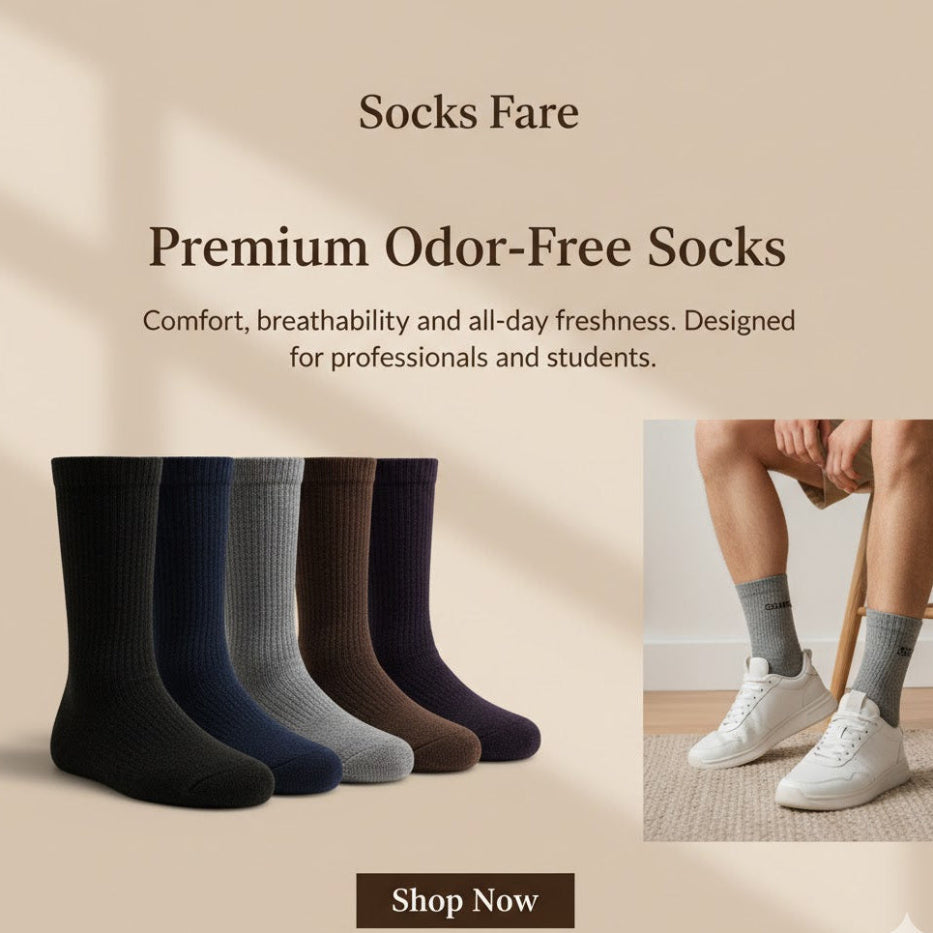 Promotional image of Socks Fare premium odor-free socks with a person wearing them.
